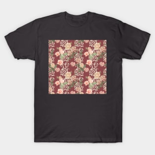 delicate pink roses on terracotta background and vintage pattern T-Shirt